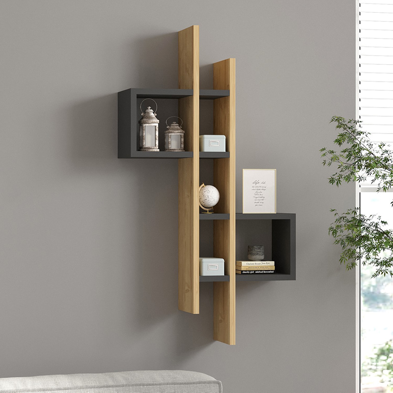 Ραφιέρα τοίχου Garel σε oak-ανθρακί απόχρωση 53,8x19,6x108εκ