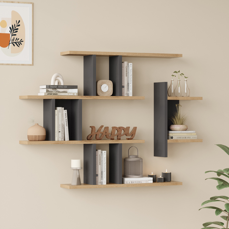 Ραφιέρα τοίχου Ledia oak με ανθρακί 110,6x14,5x78εκ
