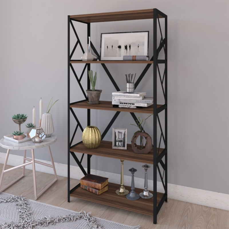 Βιβλιοθήκη Bimblem καρυδί με μαύρο μέταλλο 60x30x150εκ