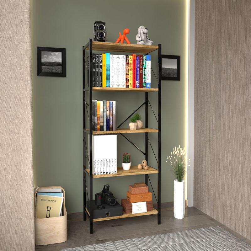 Βιβλιοθήκη Bimblem oak με μαύρο μέταλλο 60x30x150εκ
