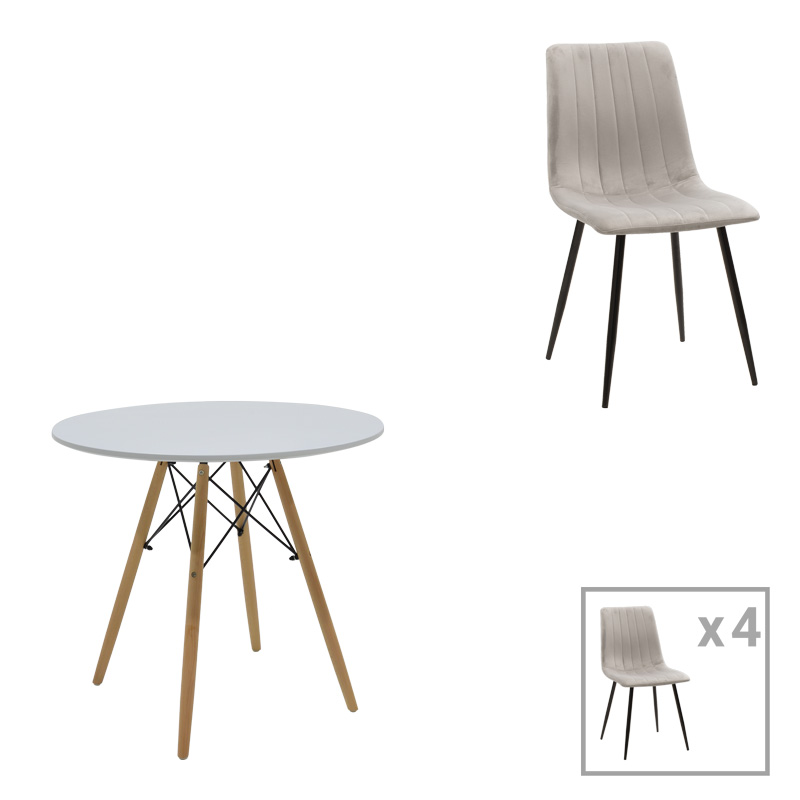 Τραπεζαρία Julita-Noor σετ 5τεμ MDF λευκό-γκρι-πόδια φυσικό Φ80x73εκ