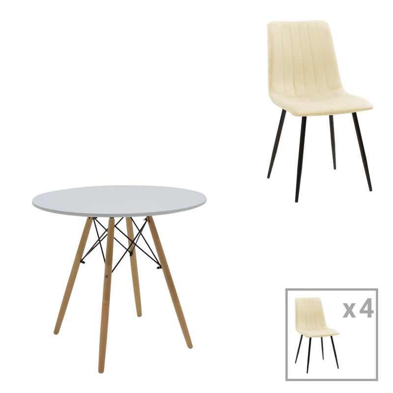 Τραπεζαρία Julita-Noor σετ 5τεμ MDF λευκό-μπεζ ύφασμα Φ80x73εκ