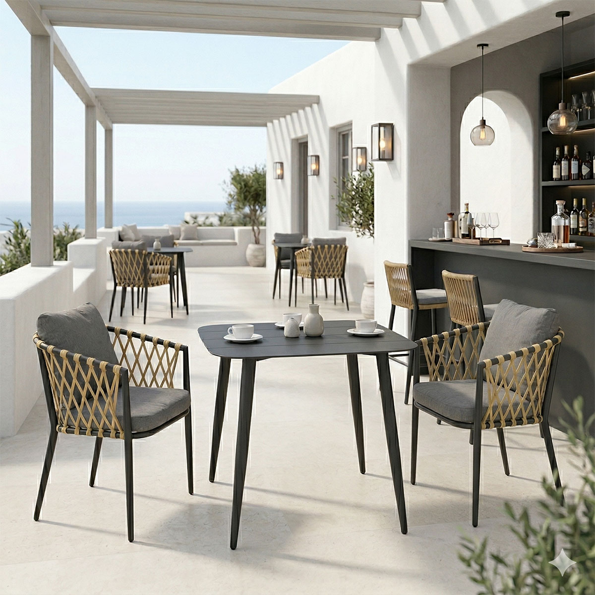 Τραπεζαρία Peluxe Vista σετ 3τεμ ανθρακί αλουμίνιο με PE σχοινί σε φυσική απόχρωση και μαξιλάρια 80x80x72εκ