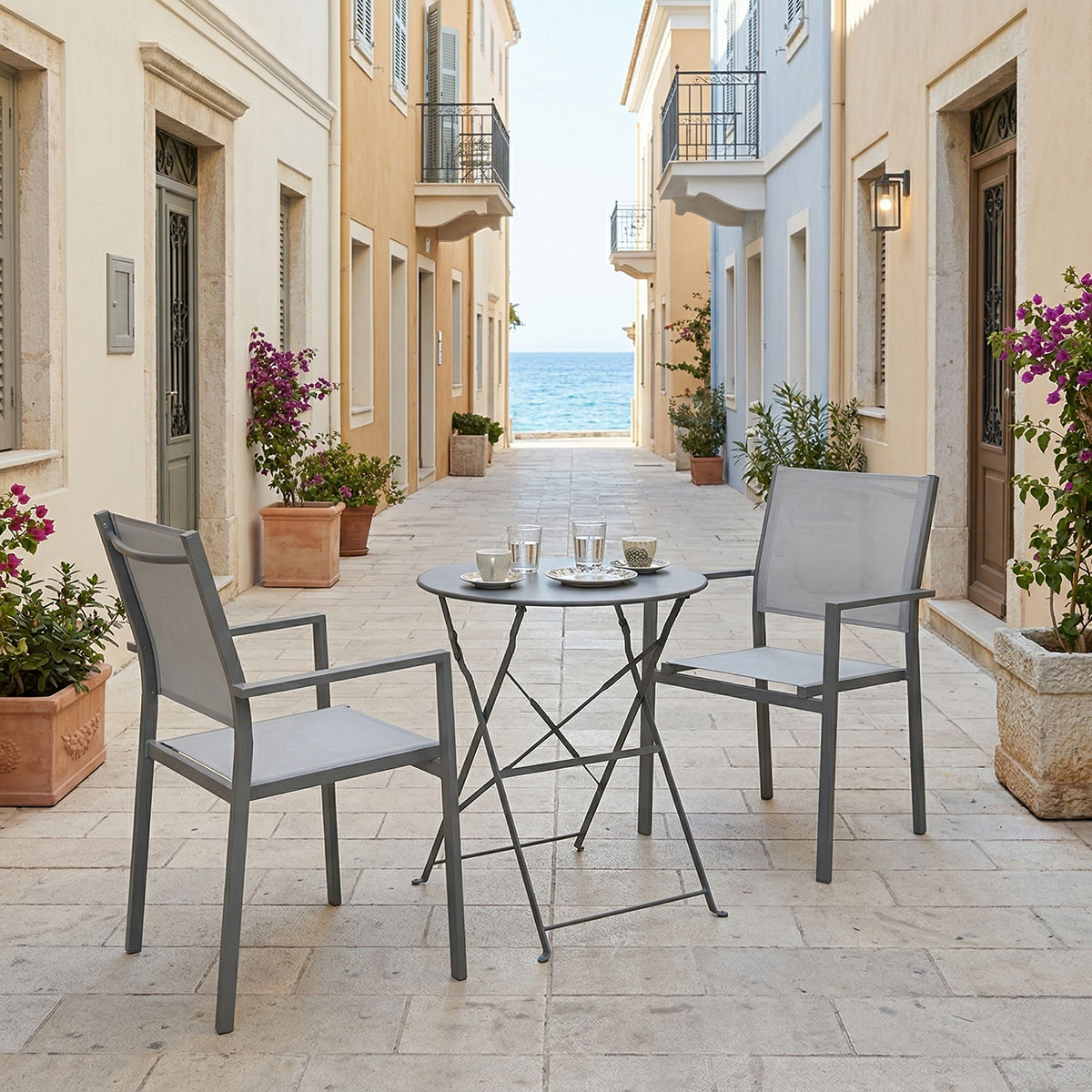 Τραπεζαρία Bistro Confidence σετ 3τεμ ανθρακί μέταλλο με γκρι textilene Φ60x71εκ