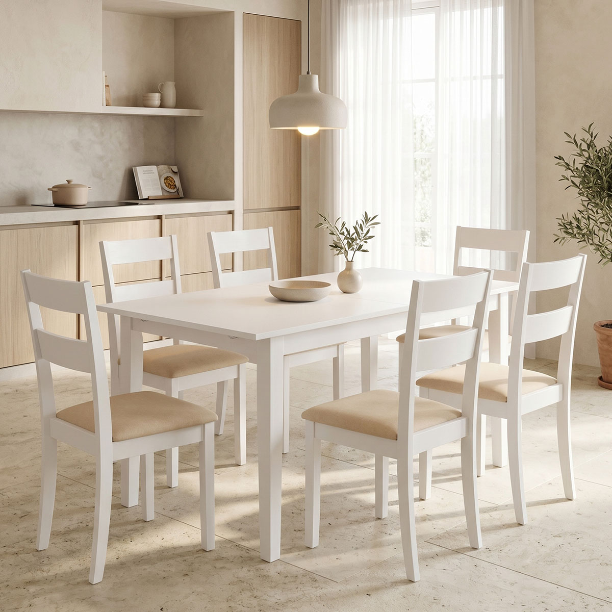 Τραπεζαρία Dallan Mabor 7τεμ λευκό rubberwood 120-150x80x73,8εκ