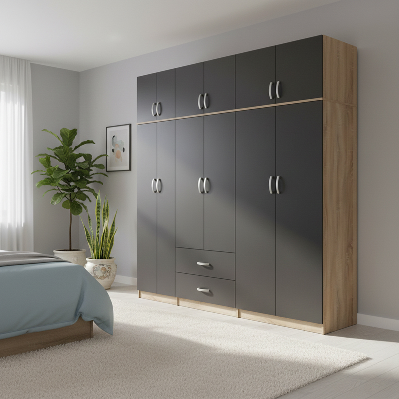 Ντουλάπα εξάφυλλη με πατάρι Athos I sonoma-ανθρακί 240x42x240εκ