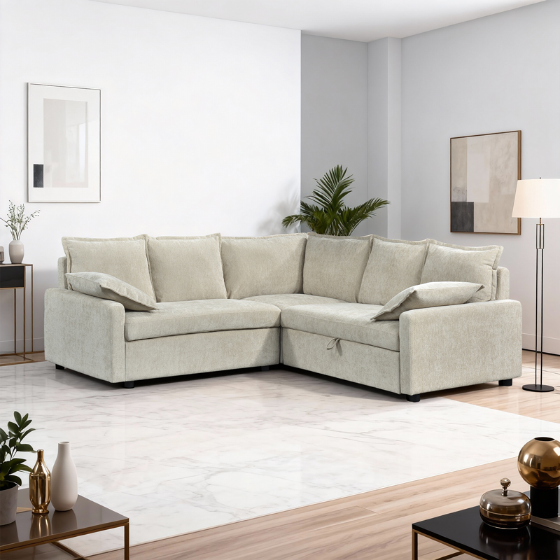 Γωνιακός καναπές κρεβάτι Lounivo ύφασμα μπεζ 215x215x84εκ
