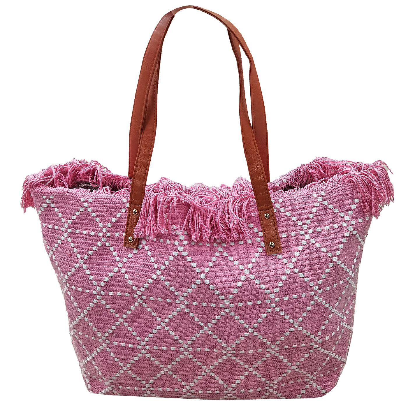 Τσάντα Παραλίας Cotton με Ρόμβους 50x35x14cm SummerTiempo 623139 Ροζ 42-3119-ROZ