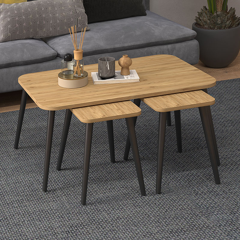 Τραπεζάκι σαλονιού σετ 3 τμχ Oliva χρώμα oak 90x55x46εκ.