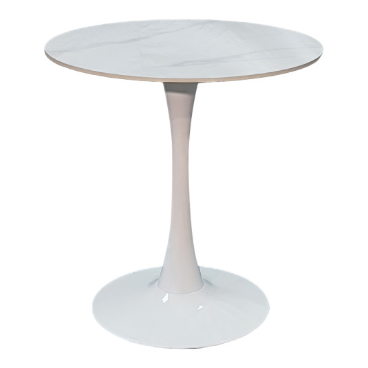 Tραπέζι Balou  sintered stone σε λευκή απόχρωση με όψη μαρμάρου-βάση λευκό μέταλλο Φ90x73εκ