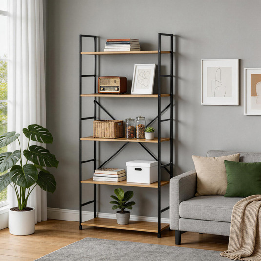 Βιβλιοθήκη Manlo  oak με μαύρο μέταλλο 58.6x23.5x144εκ