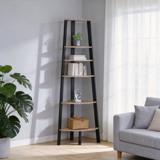 Γωνιακή βιβλιοθήκη Arvia  oak με μαύρο μέταλλο 53.4x37.8x160.3εκ