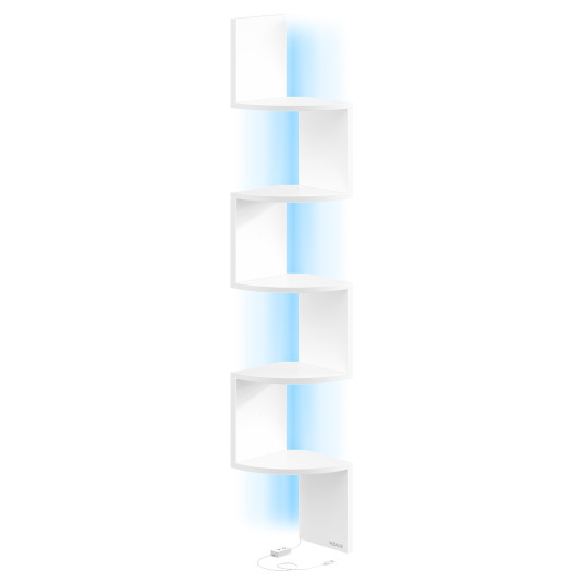 VASAGLE Ραφιέρα Γωνιακή Τοίχου με RGB LED Φωτισμό, 5 Επίπεδα, Λευκή Ματ LBC630W01