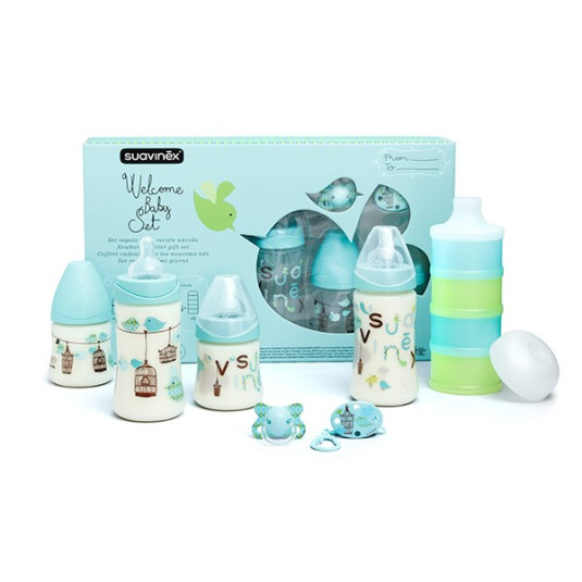 Suavinex Welcome Baby Σετ 7τμχ Πλαστικά Μπιμπερό, Θηλή Σιλικόνης, Θήκη Δόσεων Γάλακτος