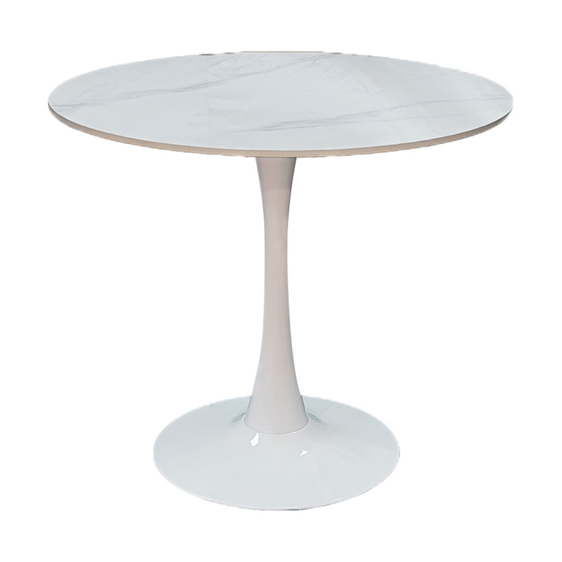 Tραπέζι Balou  sintered stone σε λευκή απόχρωση με όψη μαρμάρου-βάση λευκό μέταλλο Φ120x73εκ