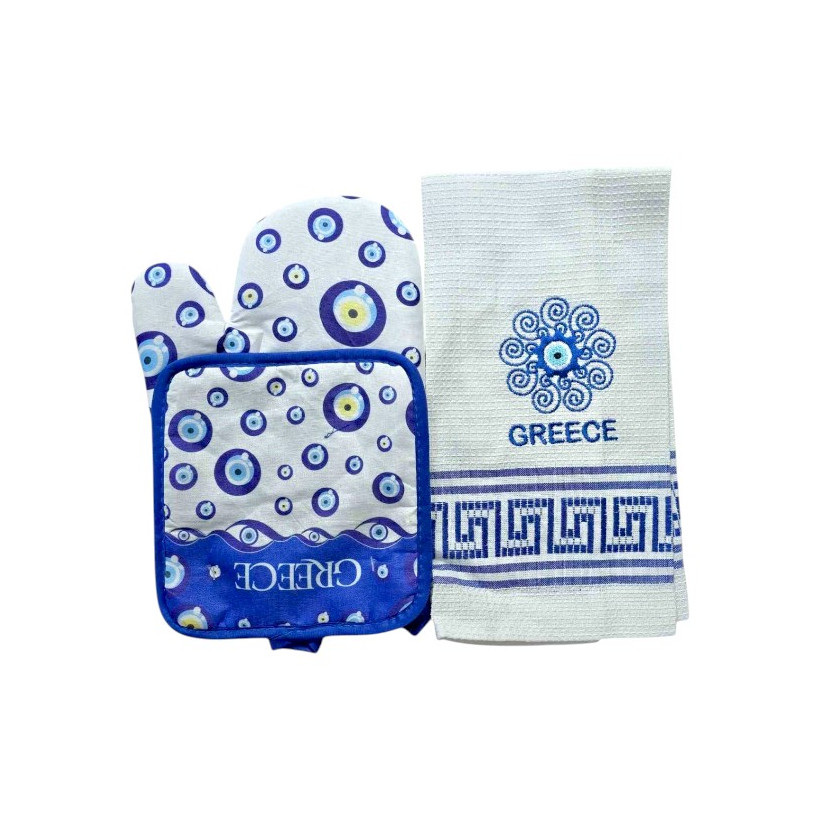 Πετσέτα ποτηρόπανο με γάντι & πιάστρα φούρνου Souvenir - Σετ 6pcs - Greece - 107903