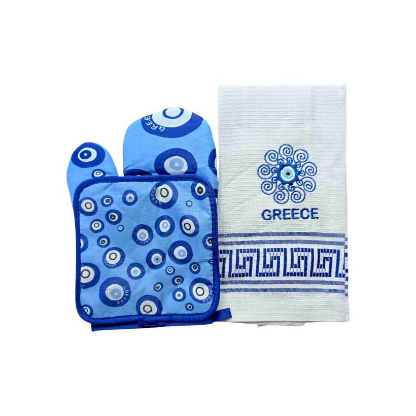 Πετσέτα ποτηρόπανο με γάντι & πιάστρα φούρνου Souvenir - Σετ 6pcs - Greece - 107905