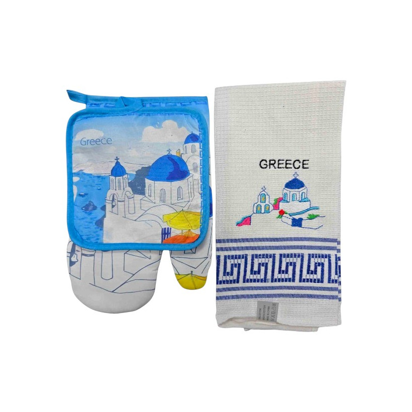 Πετσέτα ποτηρόπανο με γάντι & πιάστρα φούρνου Souvenir - Σετ 6pcs - Greece - 107906
