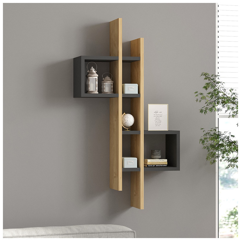 Ραφιέρα τοίχου Garel  σε oak-ανθρακί απόχρωση 53,8x19,6x108εκ