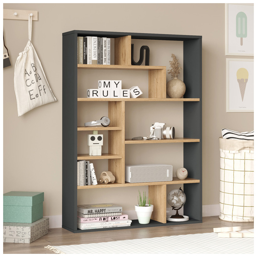 Βιβλιοθήκη Decora  σε φυσική-ανθρακί απόχρωση 90x22x123.6εκ
