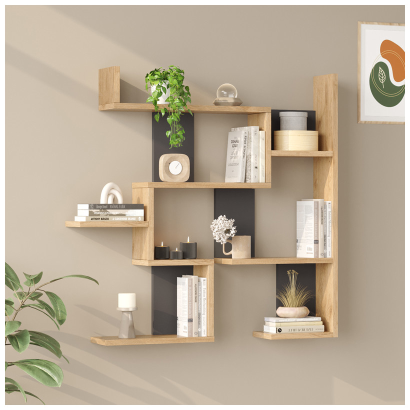 Ραφιέρα τοίχου Maze  oak με ανθρακί 93,3x14,5x90εκ