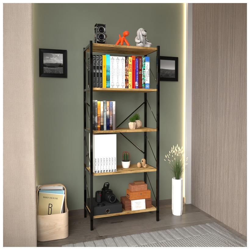 Βιβλιοθήκη Bimblem  oak με μαύρο μέταλλο 60x30x150εκ