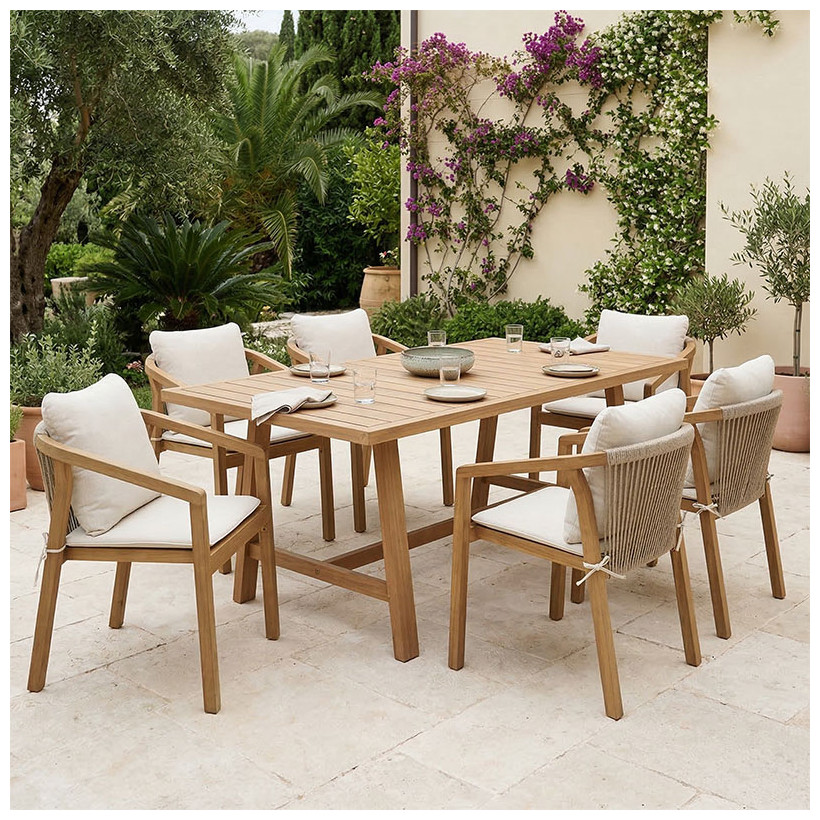 Τραπεζαρία Malibu  μασίφ ξύλο ακακίας 180x90x75εκ Σετ 7τεμ