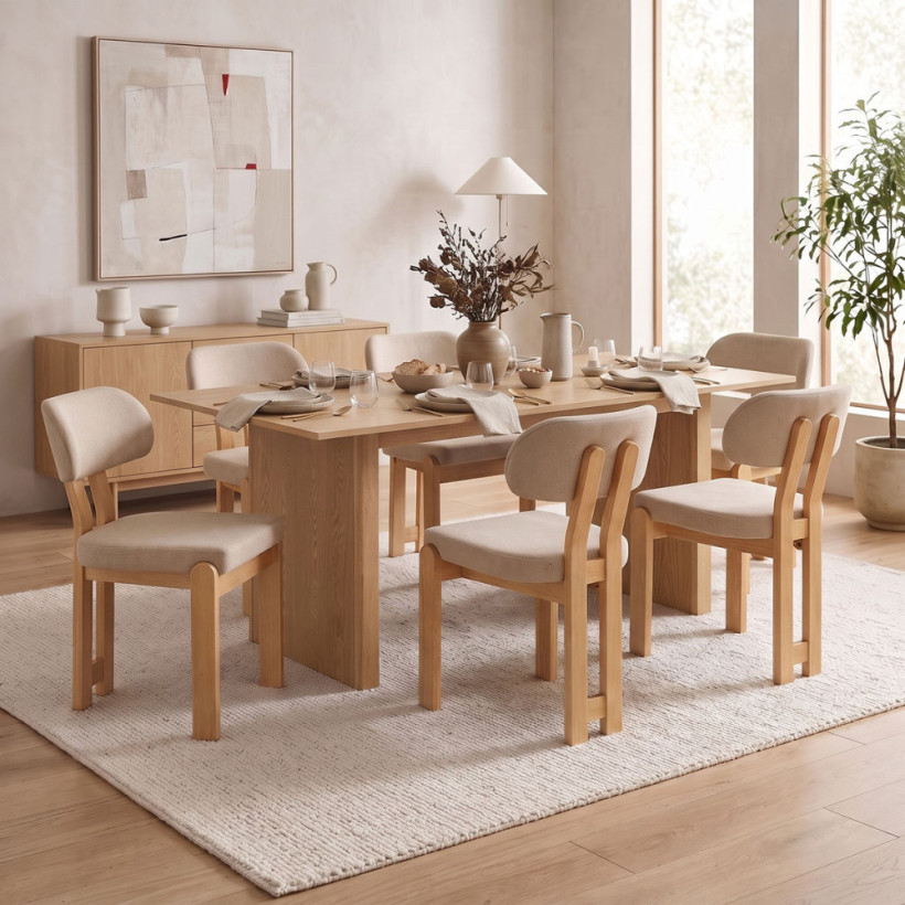 Τραπεζαρία με Καρέκλες Genoa μπεζ και Τραπέζι Eleganza sonoma MDF και rubberwood 180x99x75,8εκ Σετ 7τεμ
