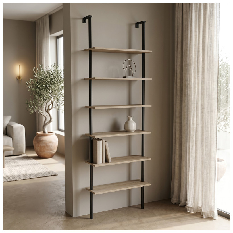 Βιβλιοθήκη επιτοίχια Dimmo  sonoma-μαύρο μέταλλο 60x20x180εκ