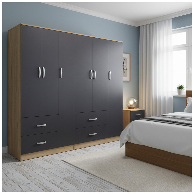 Ντουλάπα εξάφυλλη Athos  sonoma-ανθρακί 180x42x180εκ