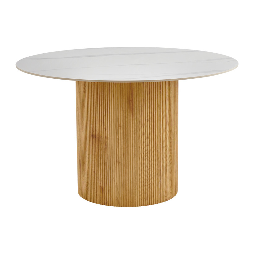 Τραπέζι Sikulu  oak MDF με κεραμική επιφάνεια σε λευκό μαρμάρου Φ125x77εκ