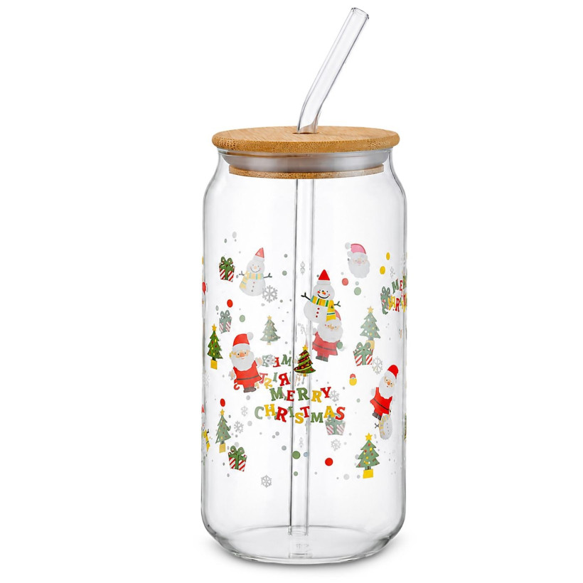 Ποτήρι Γυαλί Borosilicate Xmas με Καπάκι, Καλαμάκι 15x6cm 550ml Xmasfest 1134284 93-4264