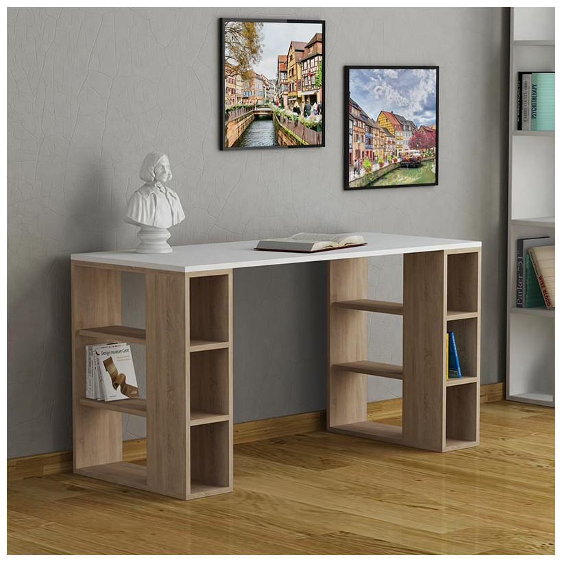 Γραφείο εργασίας Colmar  χρώμα λευκό - sapphire oak 140x60x75εκ