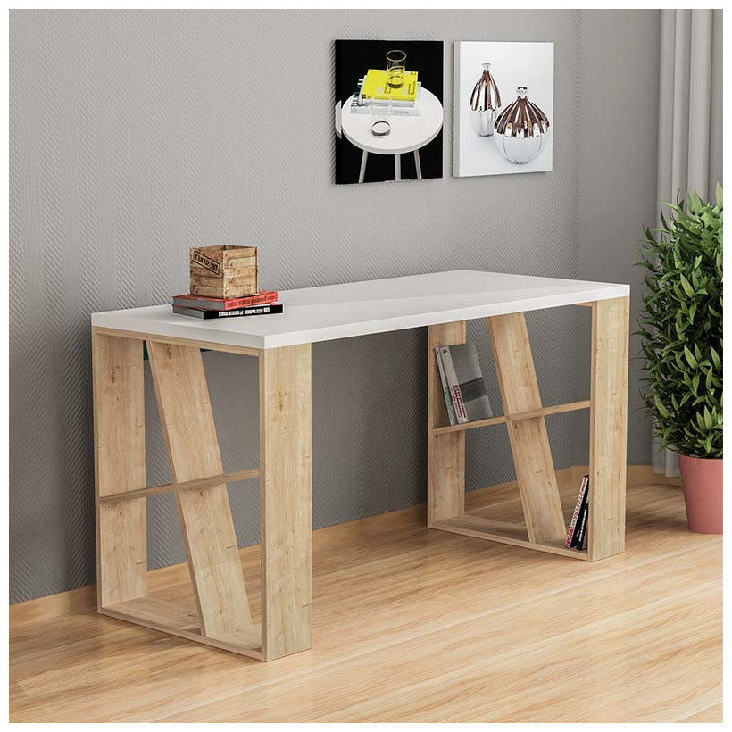Γραφείο εργασίας Honey  χρώμα λευκό - sapphire oak 137x60x75εκ