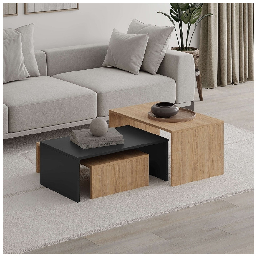 Τραπεζάκι σαλονιού σετ 3 τμχ. Kanta  χρώμα sapphire oak - silky black 80x50x40,5εκ.