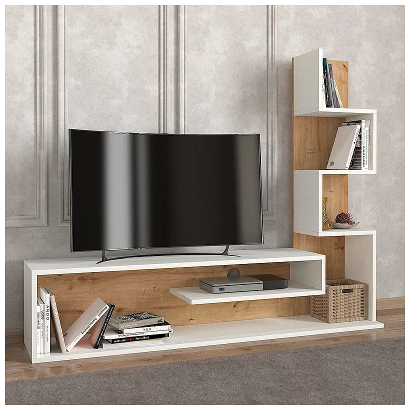 Έπιπλο τηλεόρασης Metehan  χρώμα λευκό - sapphire oak 149,5x29,5x120εκ.