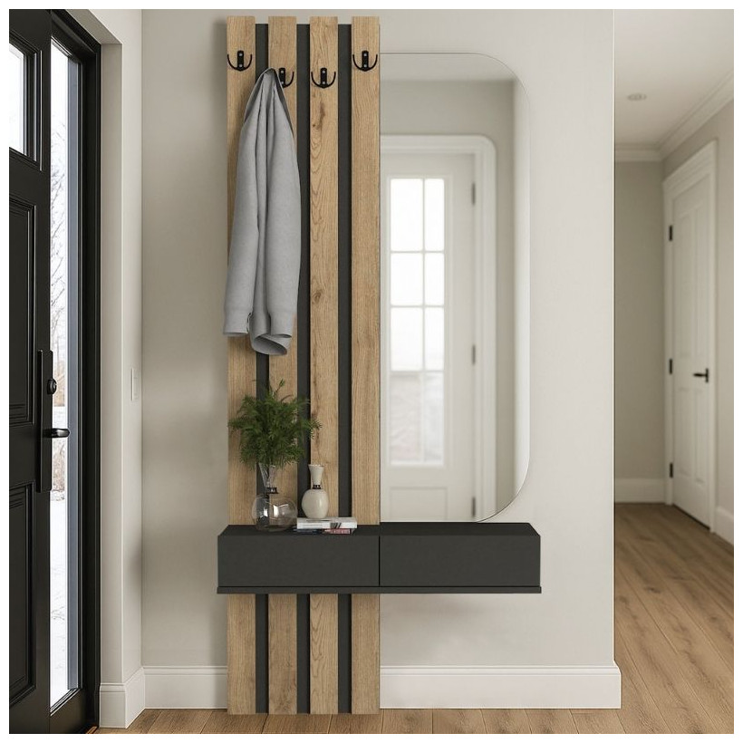 Έπιπλο εισόδου Reyas  χρώμα ανθρακί - sepet oak 90x27x205,6εκ.