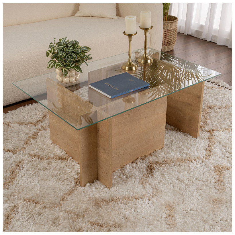 Τραπεζάκι σαλονιού Vetrino  γυάλινο χρώμα honey oak 105x65x40εκ.