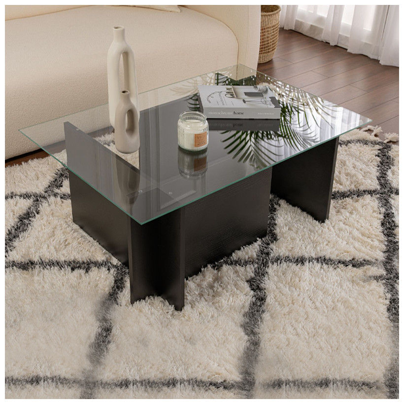 Τραπεζάκι σαλονιού Vetrino  γυάλινο χρώμα black wood 105x65x40εκ.