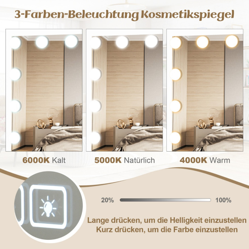 Costway Καθρέφτης Μακιγιάζ Hollywood με Φωτισμό, USB & Bluetooth, 58 x 46 cm, Λευκός HU10708DE