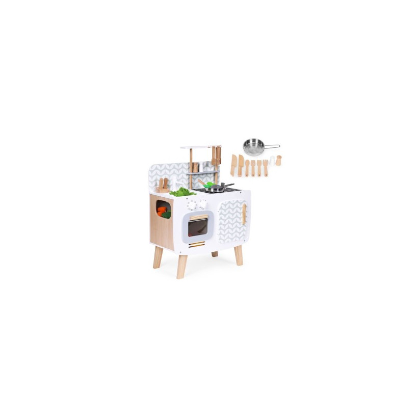ECOTOYS Ξύλινη παιδική κουζίνα ρετρό με φούρνο, καυστήρες, νεροχύτη και μαγειρικά αξεσουάρ W10C863