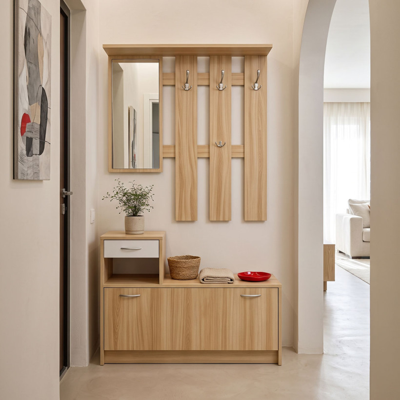 Έπιπλο εισόδου Jentia   με καθρέπτη sonoma με λευκό MDF 100x24x186εκ