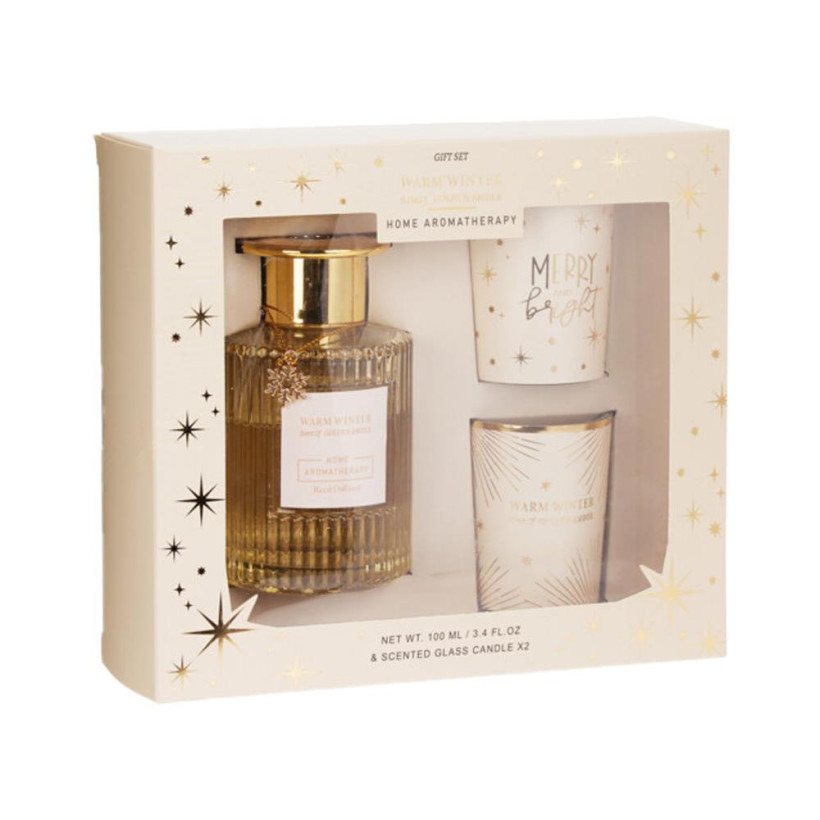 Σετ αρωματικό diffuser - 2 κεριά Χριστουγεννιάτικα Golden Amber