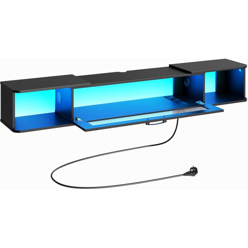 HOOBRO Κρεμαστό Έπιπλο TV 140 cm με 3 Πρίζες, 2 USB και LED, για Τηλεοράσεις έως 65", Μαύρο, 140 x 24 x 20,5 cm EBK34CDDS01