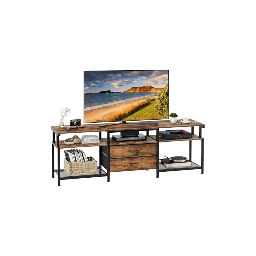 HOOBRO Έπιπλο TV για τηλεόραση έως 75", με αποθηκευτικό χώρο, 2 συρτάρια από μη υφασμένο ύφασμα, 160x40x55 εκ., Ρουστίκ Καφέ/Μαύρο EBF55DS01