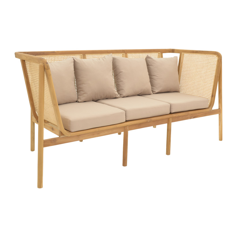 Καναπές τριθέσιος Jenta  teak ξύλο με rattan σε φυσική απόχρωση και μπεζ μαξιλάρι 203x67x92εκ