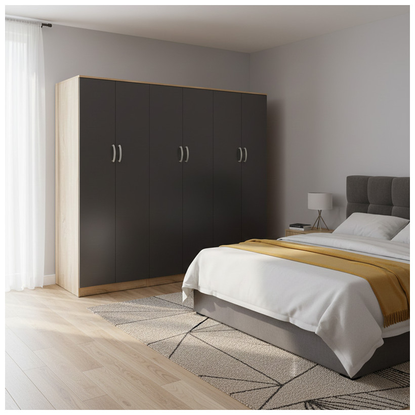 Ντουλάπα εξάφυλλη Athos ΙΙ  sonoma-ανθρακί 240x42x180εκ