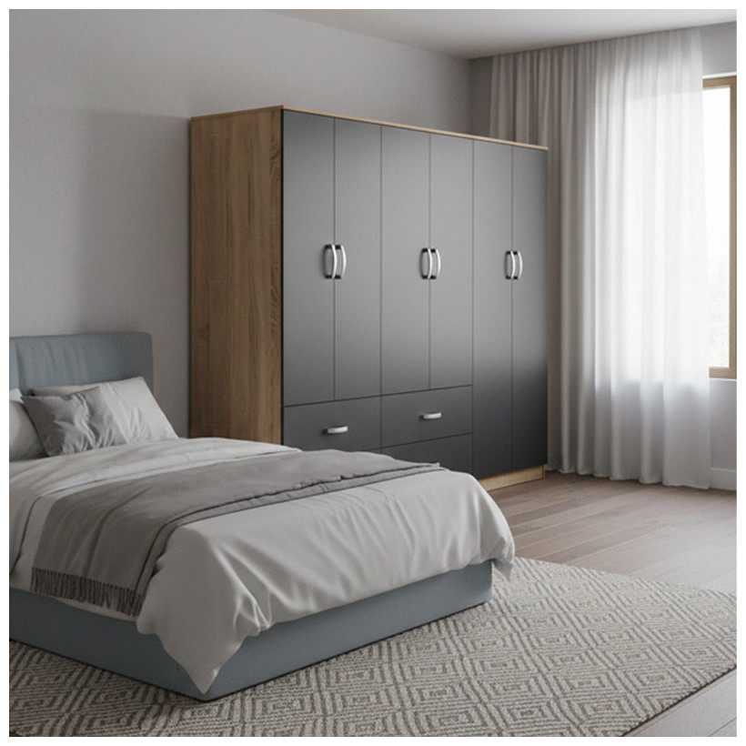 Ντουλάπα εξάφυλλη Athos  sonoma-ανθρακί 240x42x180εκ