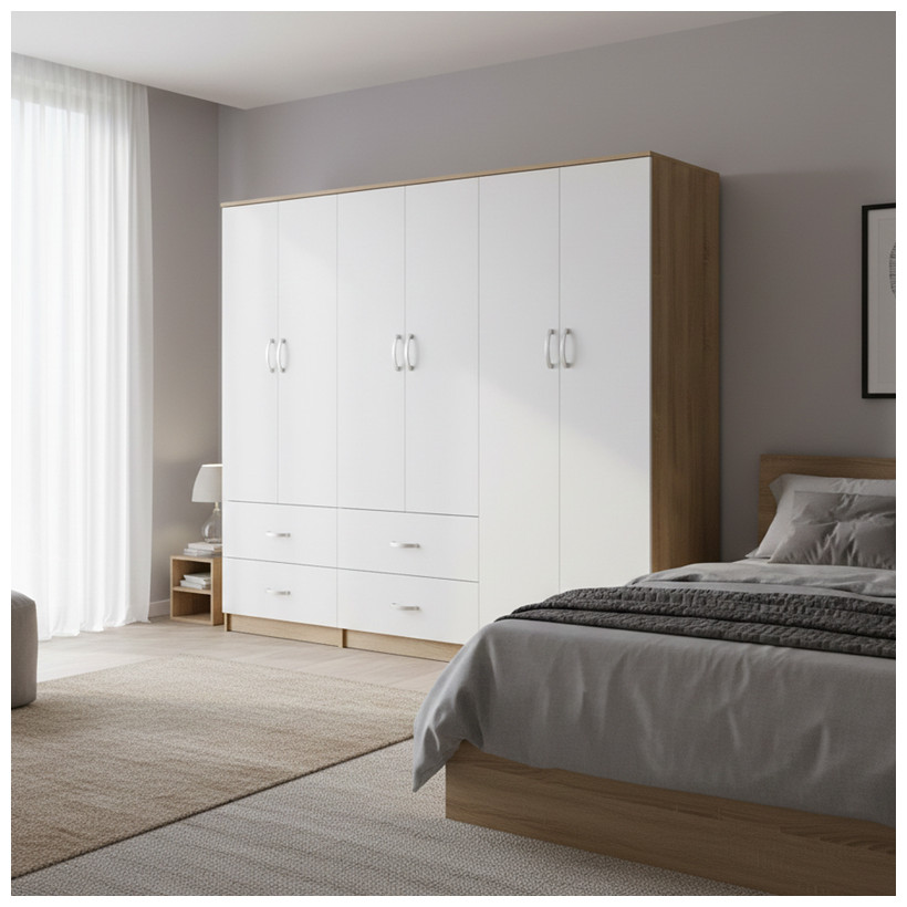 Ντουλάπα εξάφυλλη Athos  sonoma-λευκή 240x42x180εκ