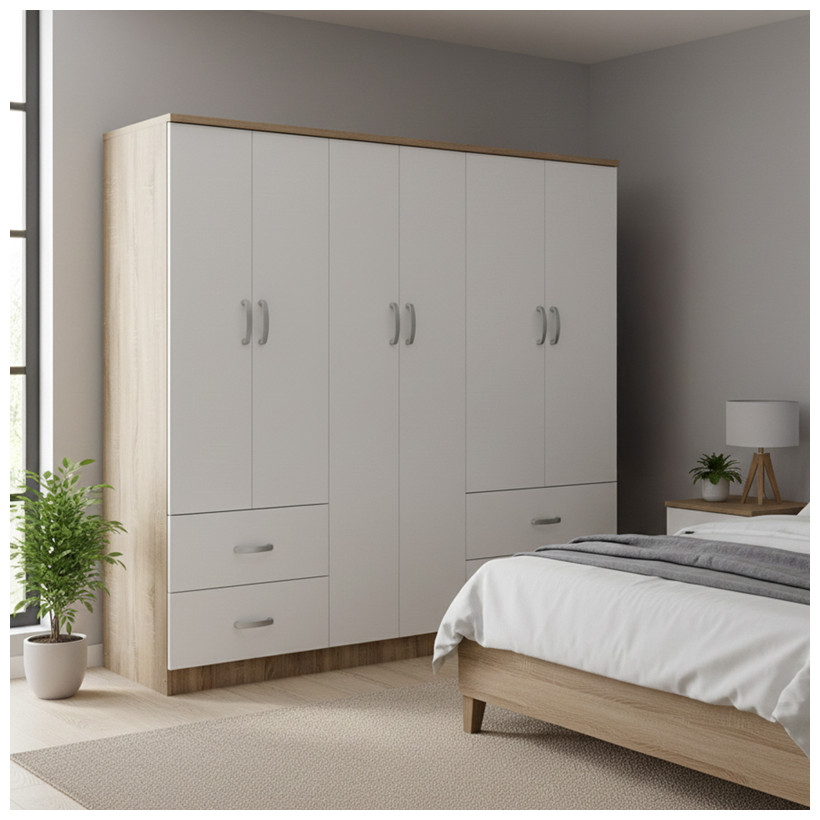 Ντουλάπα εξάφυλλη Athos  Sonoma-λευκό 200.5x42x180εκ
